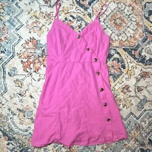 American Eagle Outfitters Pink Cotton Linen V-Neck Strappy Button Mini Dress M